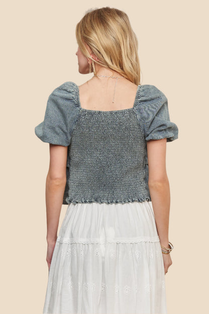 Back view of Denim Layered Ruffle Top featuring puff sleeves and a relaxed fit