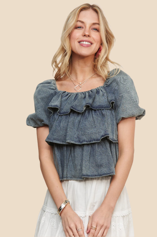 Denim Layered Ruffle Top with Short Puffed Sleeves and a Square Neckline