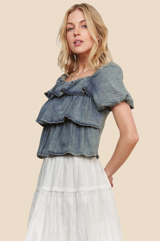 Denim Layered Ruffle Top with Short Puff Sleeves and a Stylish Design