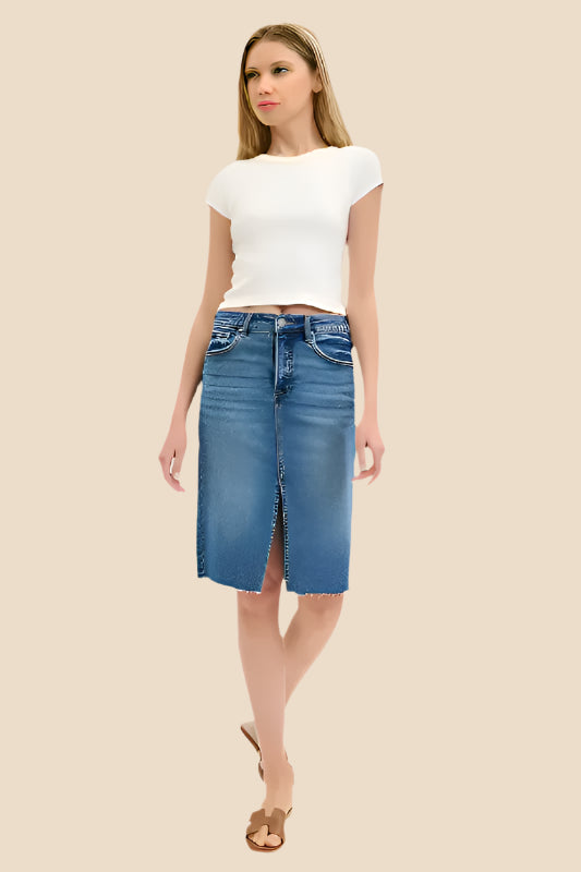 Denim Pencil Skirt with front slit design, paired with a casual white top for a trendy look