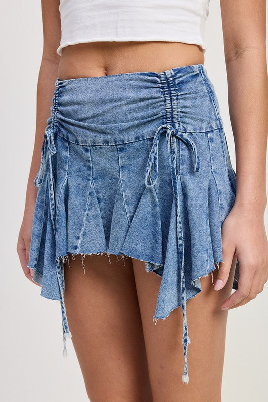Emory Park denim ruffle mini skirt with adjustable drawstrings and frayed hem details