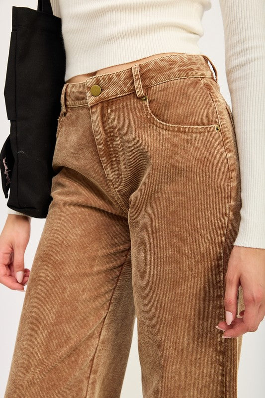 Emory Park high waist Distressed Corduroy Pants in faded brown with ribbed texture and five pockets