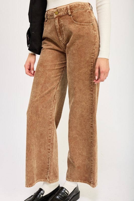 Emory Park Distressed Corduroy Pants high waisted wide leg tan brown faded finish paired with loafers