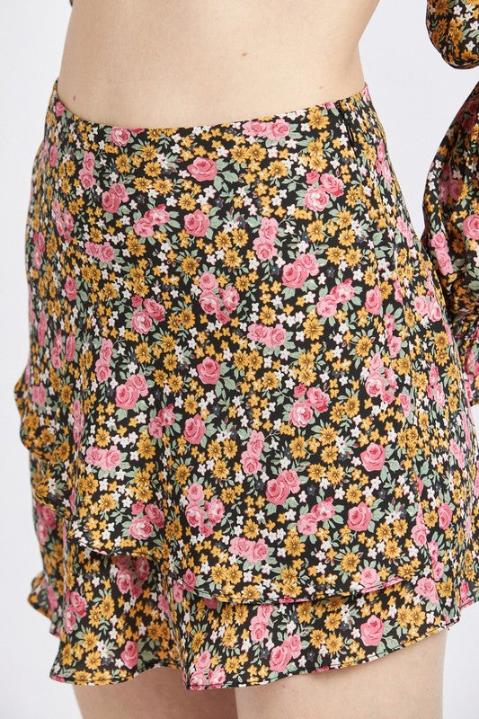 Emory Park Ditsy Floral Ruffled Skort with layered floral print and pink and yellow flowers