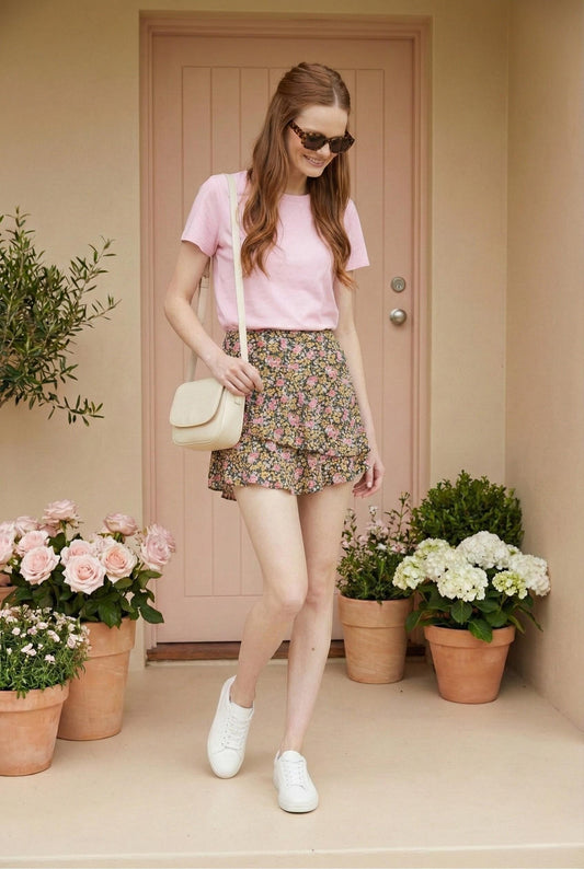Model wearing Emory Park Ditsy Black Floral Ruffled Skort with tee and sneakers ready for day out on front porch with soft florals