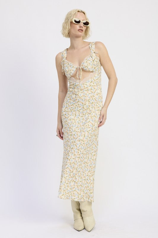 Emory Park Ditsy Print Midi Dress With Cutout and Lace Trim featuring sleeveless design and floral pattern