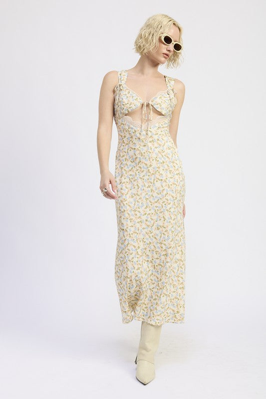 Emory Park Ditsy Print Midi Dress With Cutout and Lace Trim worn by model with short blonde hair and sunglasses