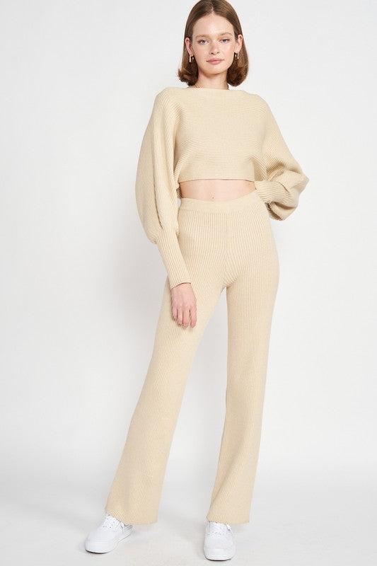 Emory Park Dolman Sleeve Cropped Sweater in beige paired with matching ribbed pants for a stylish look