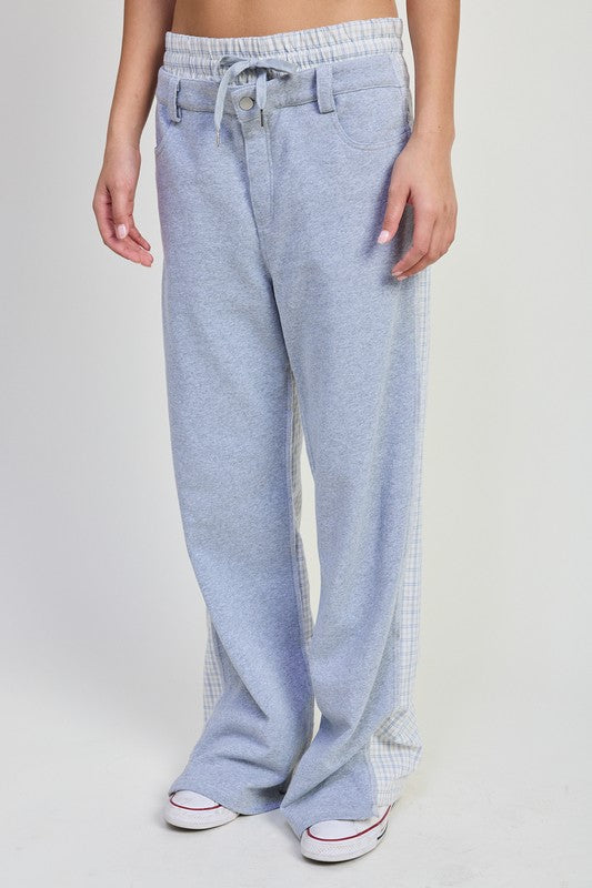 Emory Park double waist straight leg pants in light gray with side checkered panel and drawstring waist