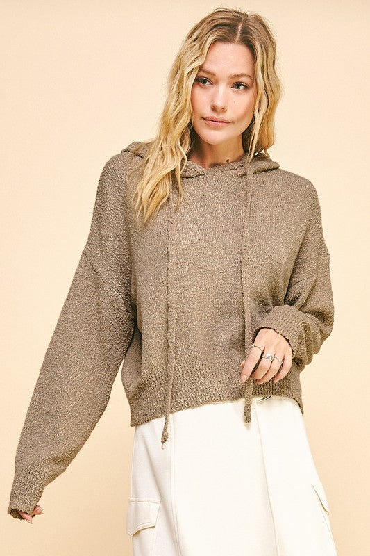 Drop Shoulder Hooded Sweater in Beige with Relaxed Fit and Drawstring Hood