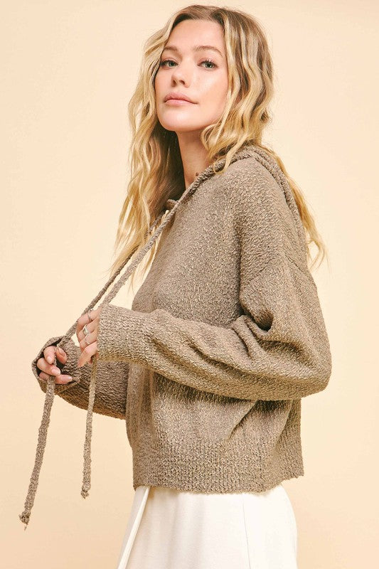 Drop Shoulder Hooded Sweater in Soft Brown with Relaxed Fit and Drawstring Details