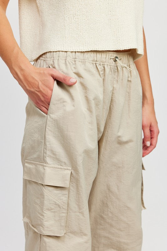 Emory Park Straight Leg Pants With Elastic Waistband beige cargo pants with drawstring and side pockets