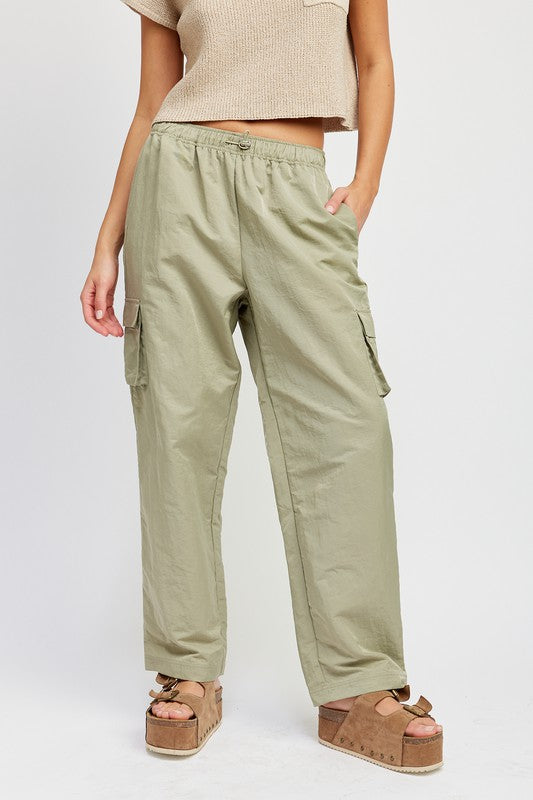 Emory Park olive cargo Straight Leg Pants With Elastic Waistband styled with cropped knit top and platform sandals