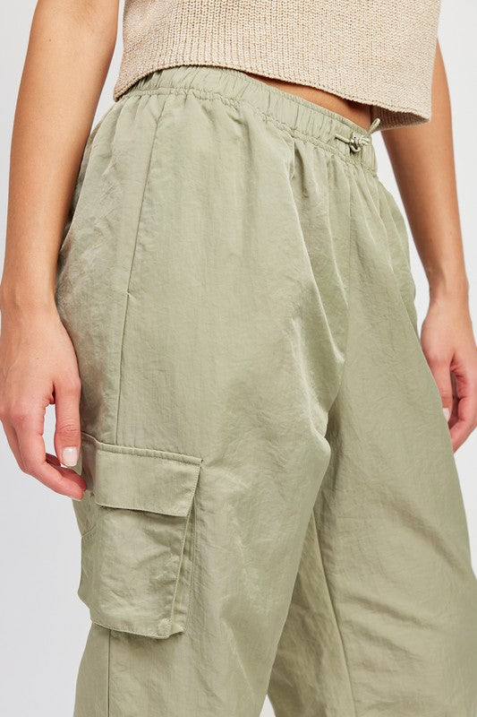 Emory Park Straight Leg Pants With Elastic Waistband olive cargo pants with flap pocket drawstring and relaxed straight leg fit