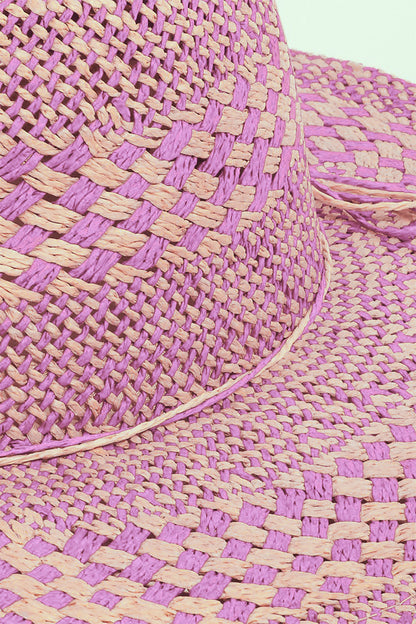Fame Checkered Straw Weave Sun Hat in Pink and Tan for Stylish Sun Protection