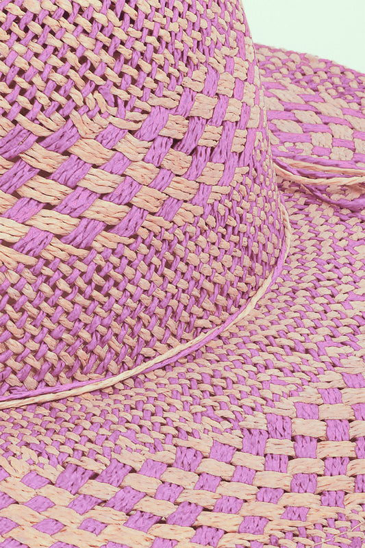 Fame Checkered Straw Weave Sun Hat in Pink and Tan for Stylish Sun Protection