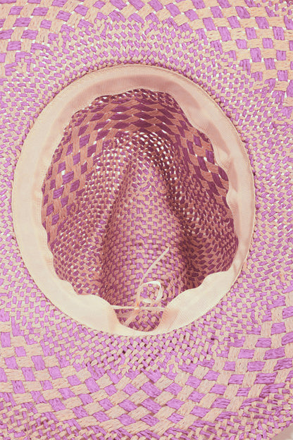 Fame Checkered Straw Weave Sun Hat with Pink and Purple Patterns for Summer Style