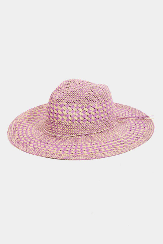 Fame Checkered Straw Weave Sun Hat in pink and yellow for stylish sun protection