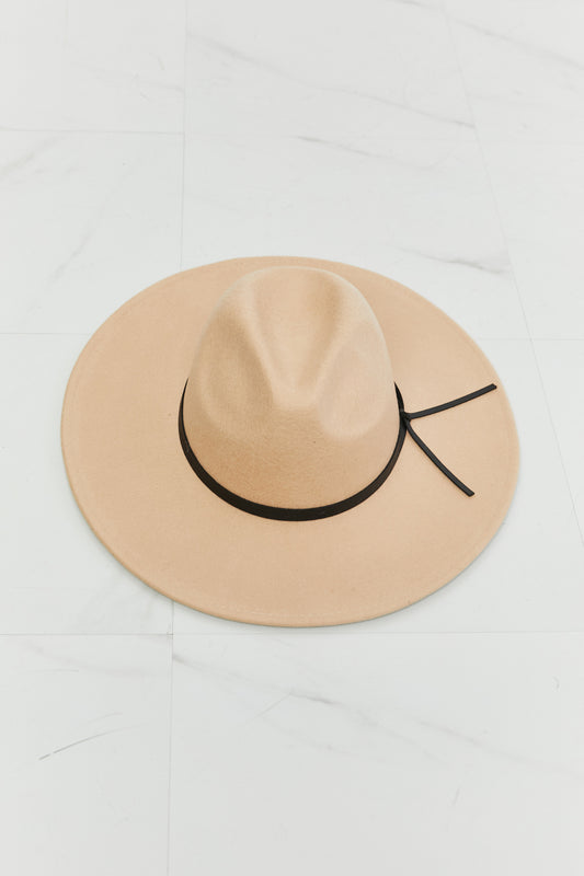 Fame Make It Work Fedora Hat in beige with black ribbon detail on wide brim
