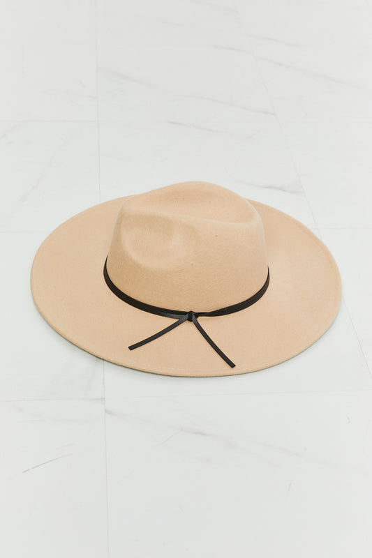 Beige Fame Make It Work Fedora Hat with black band and bow detail on white background