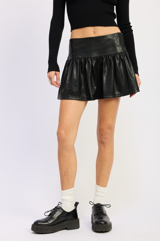 Emory Park Black Faux Leather Mini Skirt with Ruffled Hem and Comfortable Fit