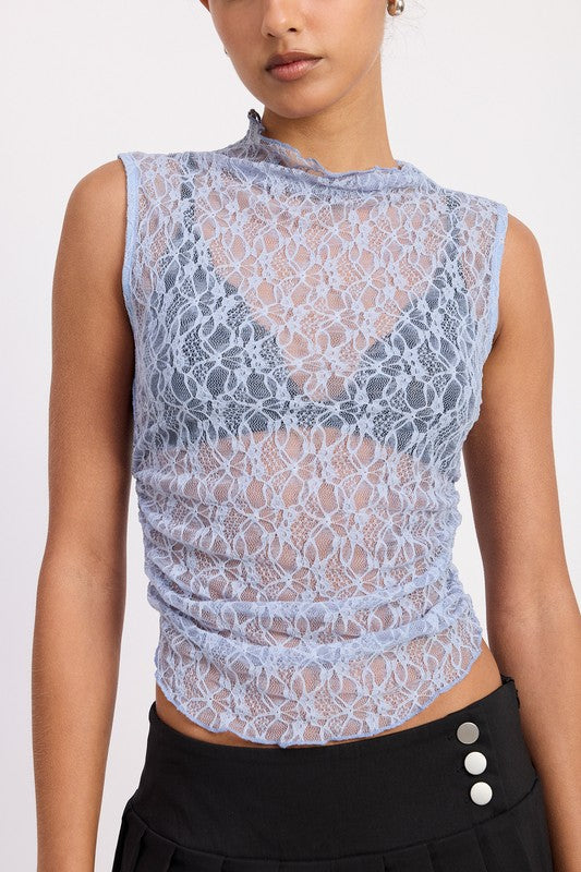 Lace Mock Neck Sleeveless Top Emory Park light blue sheer floral lace top worn with black bralette and skirt