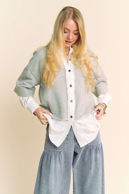 Faux Layered Contrast Top in Gray and White with Button Details and Casual Fit