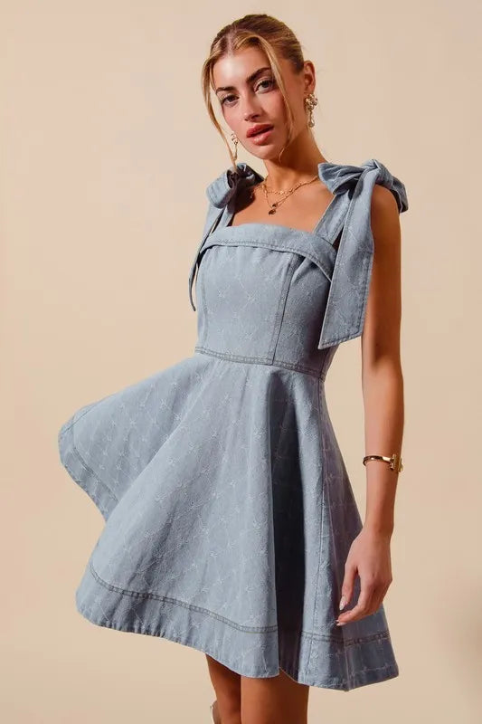Fit & Flare Denim Dress with Tied Shoulder Straps and Light Blue Wash