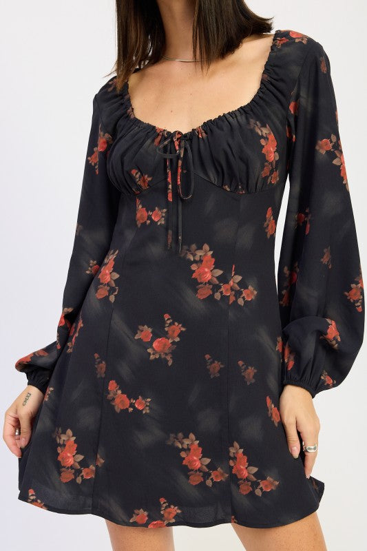 Emory Park Black Floral Mini Dress with Puff Sleeves and Adjustable Neckline for a Stylish Look
