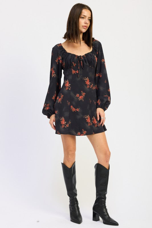 Emory Park Floral Mini Dress with Ruched Neckline and Long Sleeves for Stylish Everyday Wear