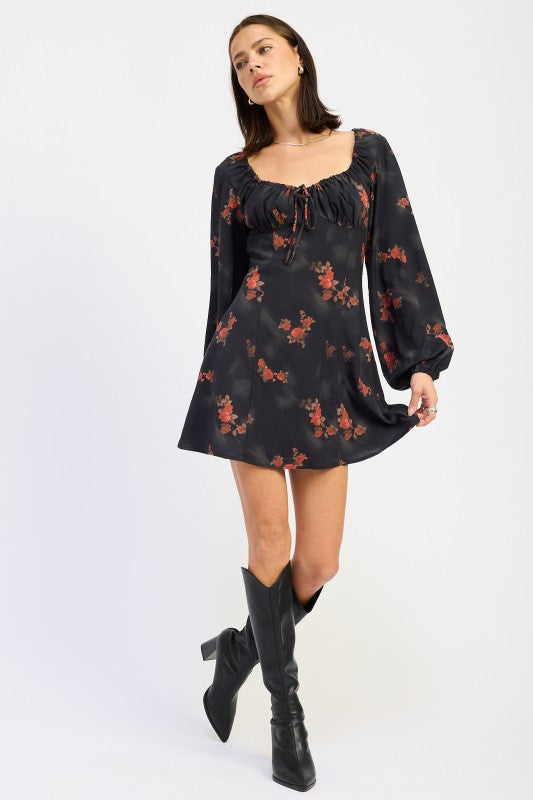 Emory Park Floral Print Mini Dress with Long Sleeves and Adjustable Front Tie Detail