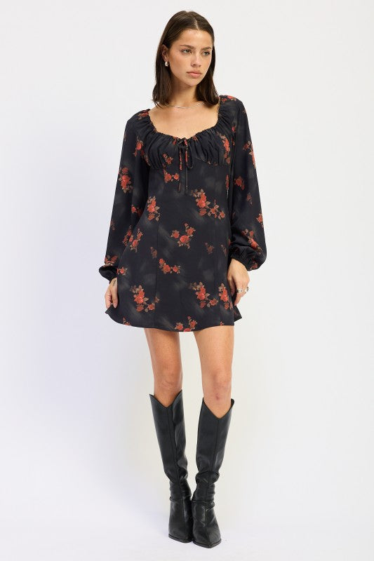 Emory Park Floral Print Mini Dress with Long Sleeves and Square Neckline for Trendy Fashion