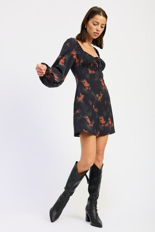 Emory Park Black Floral Mini Dress with Puff Sleeves and Shirred Bodice for a Chic Look
