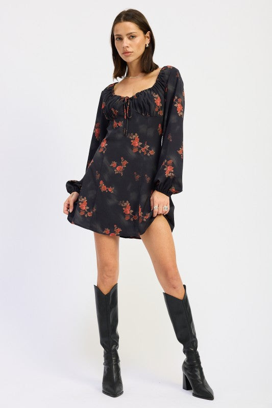 Emory Park Floral Mini Dress with Long Sleeves and a Ruched Neckline for Stylish Fall Outfits