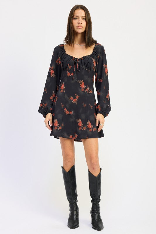 Emory Park Floral Mini Dress with Puff Sleeves and Drawstring Neckline for a Stylish Look