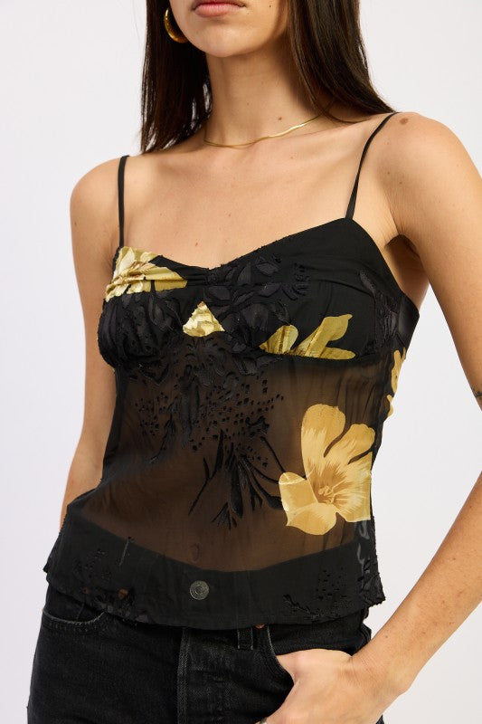 Emory Park Sheer Black Floral Camisole with Spaghetti Straps for Stylish Layering
