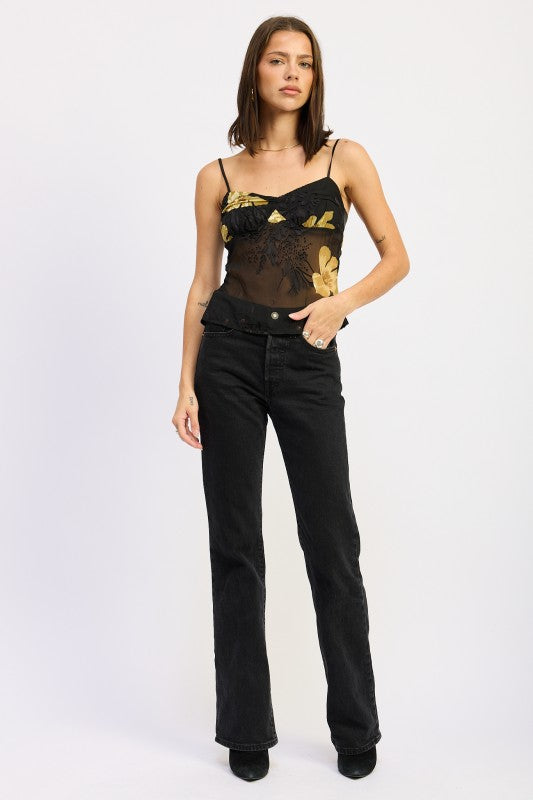 Emory Park Black Floral Mesh Camisole Top with Spaghetti Straps and High-Waisted Black Jeans