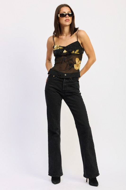 Emory Park Black Flared Jeans Paired with Sheer Floral Camisole for a Chic Look