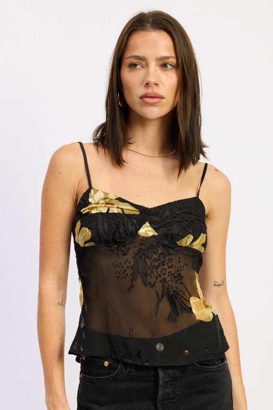 Emory Park Sheer Black Floral Camisole Top with Spaghetti Straps for a Stylish Look
