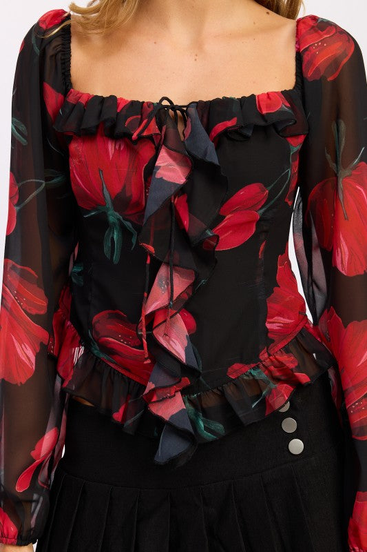 Emory Park Floral Long Sleeve Ruffled Top with Red and Black Flower Print and Ruffle Details