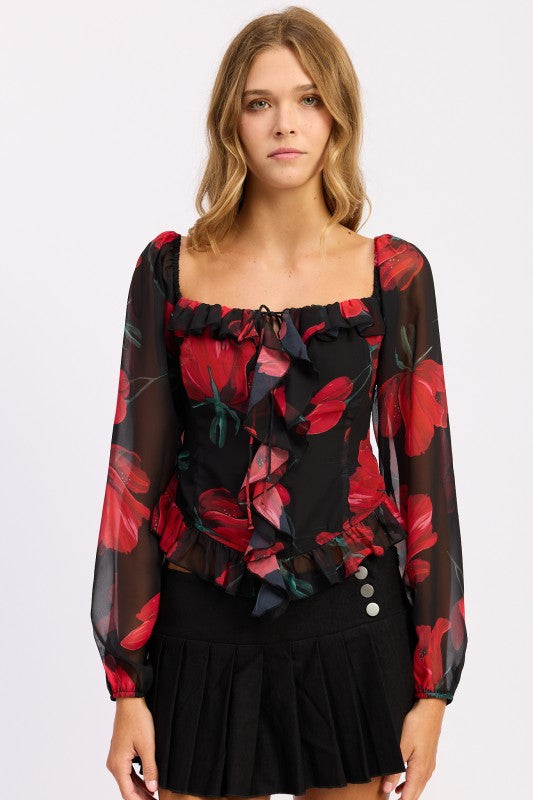 Emory Park Floral Long Sleeve Ruffled Top with Red Floral Print and Square Neckline
