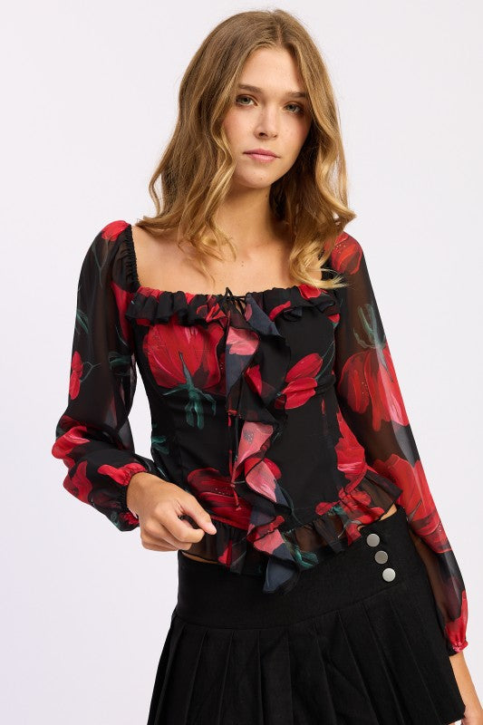 Emory Park Floral Long Sleeve Ruffled Top with Red Floral Print and Ruffle Detail