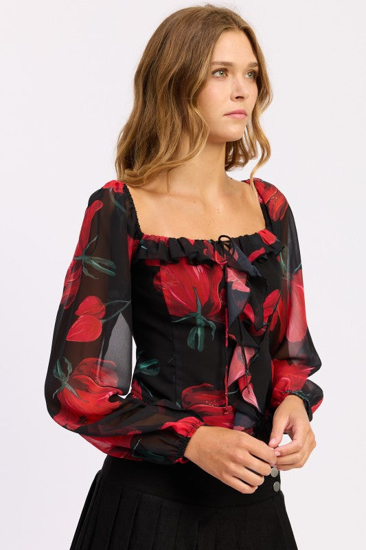 Emory Park Floral Long Sleeve Ruffled Top in Black with Red Flower Print and Sheer Sleeves