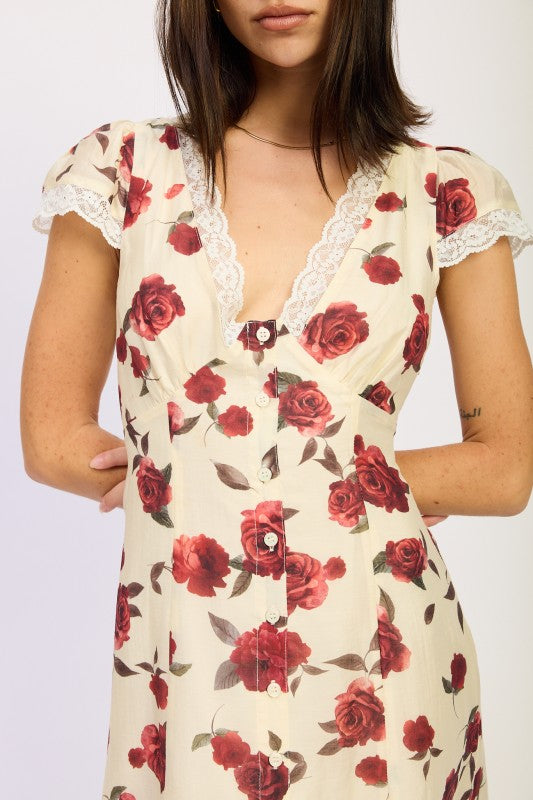 Floral Midi Dress With Lace Detail Emory Park cream midi dress with red rose print lace trim V neck and front buttons
