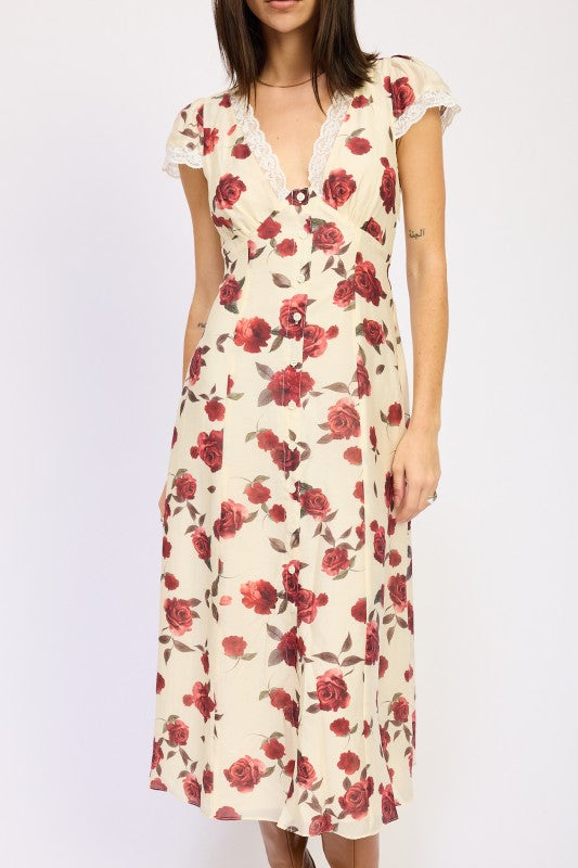 Emory Park Floral Midi Dress With Lace Detail cream midi dress with red rose print and lace cap sleeves