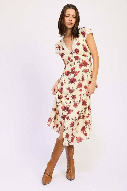 Emory Park Floral Midi Dress With Lace Detail cream midi dress with red rose print V neck short sleeves and brown knee high boots