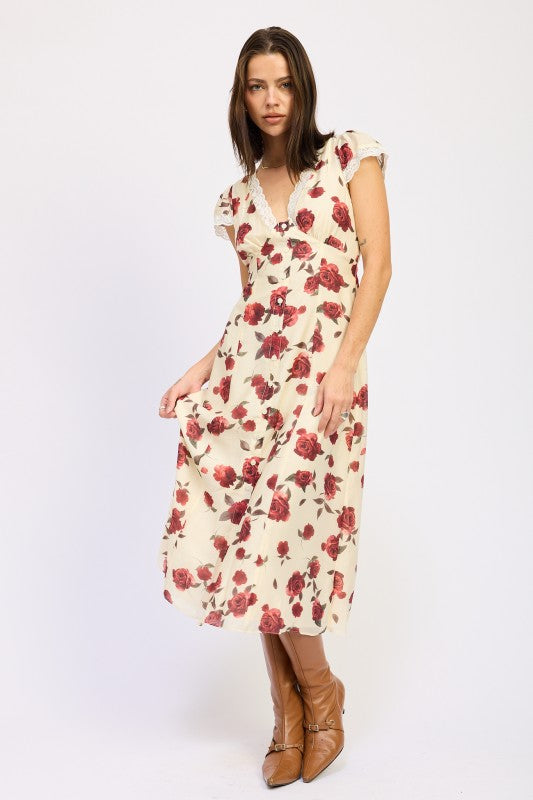 Emory Park Floral Midi Dress With Lace Detail in cream with red rose print V neck midi silhouette and cap sleeves