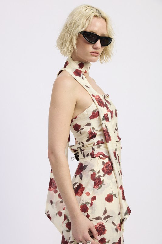 Emory Park Floral Print Foulard Top in cream with rose pattern and unique tie-design for stylish summer wear