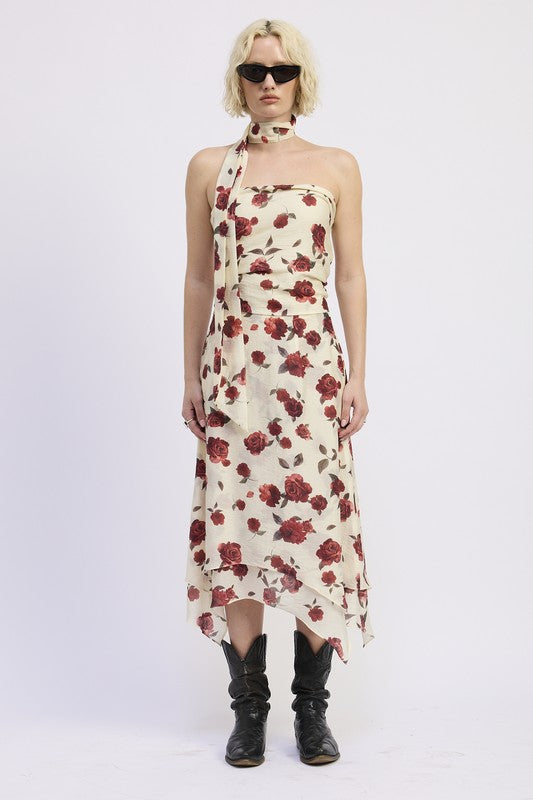 Emory Park Floral Print Foulard Top in Cream with Red Floral Design and Halter Neckline