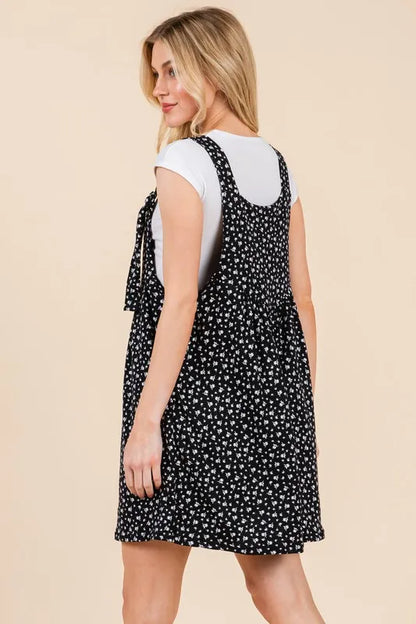 Floral Print Overalls in Black with White Floral Design and Adjustable Straps